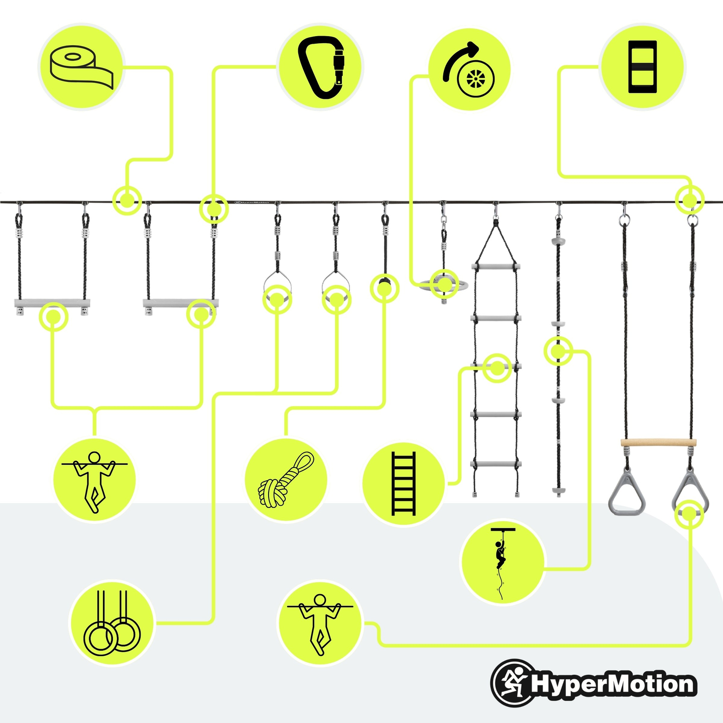 Ninja-forhindringsbane til børn - HyperMotion slackline-sæt - 9 forhindringer