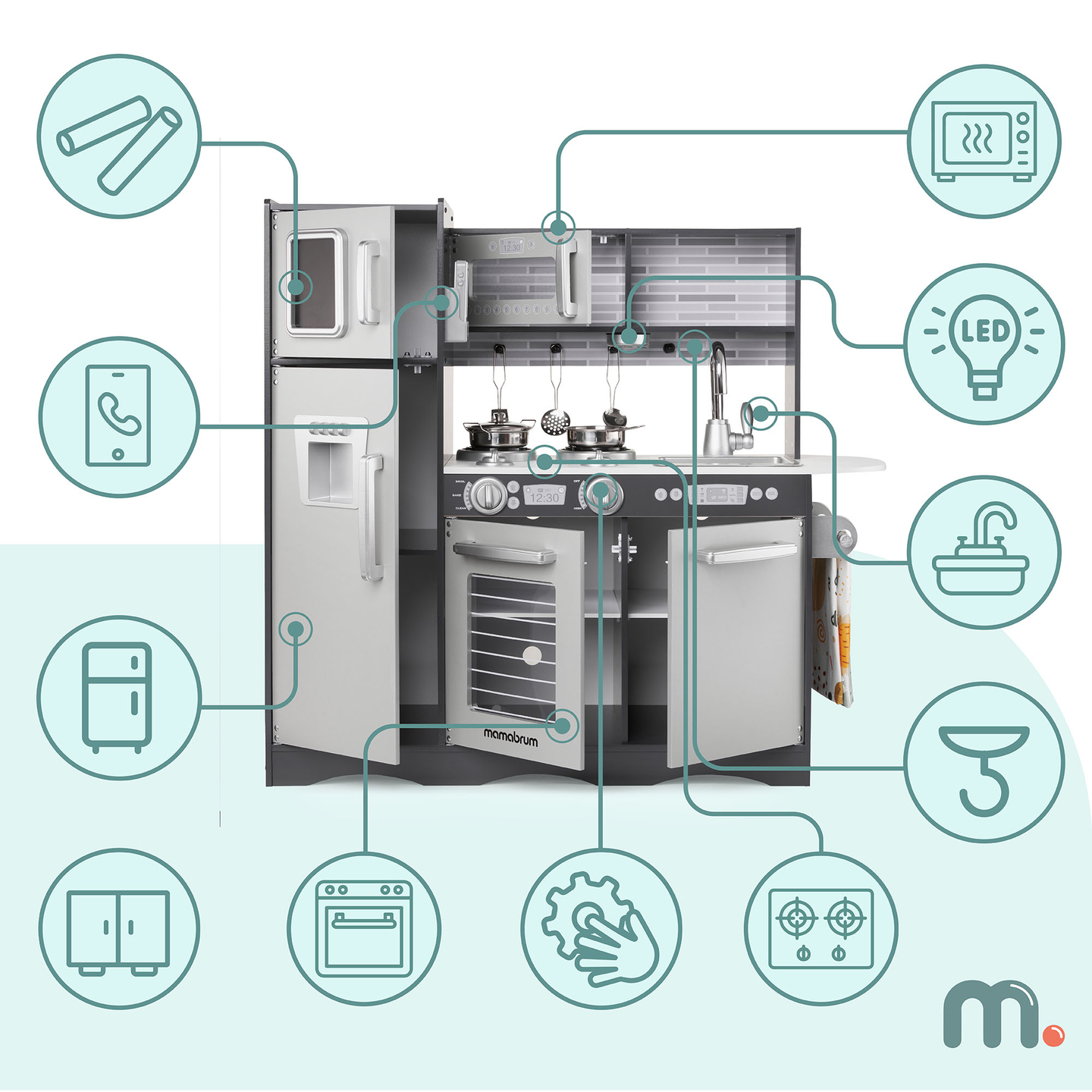 XXL-trækøkken med LED-belysning, forklæde og tilbehør