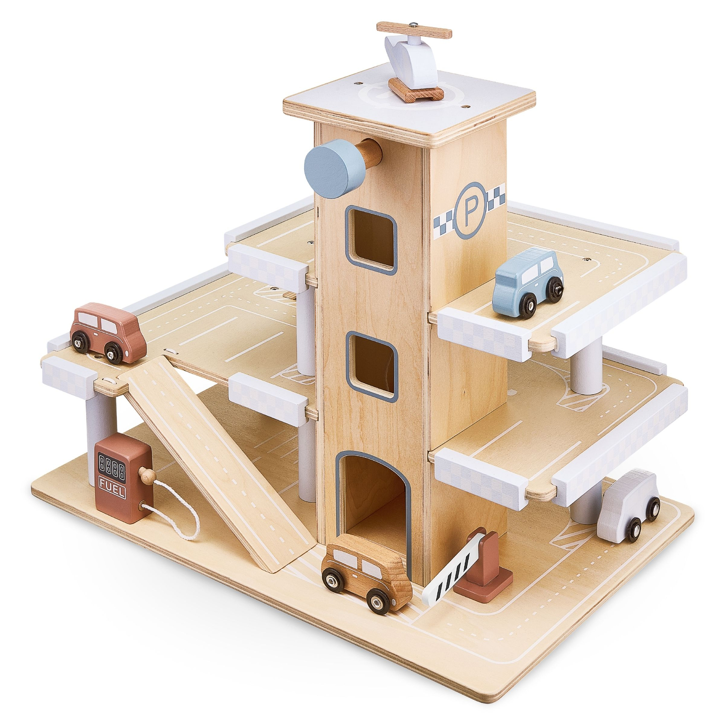 Træparkering i tre etager med elevator - garage med biler og helikopter