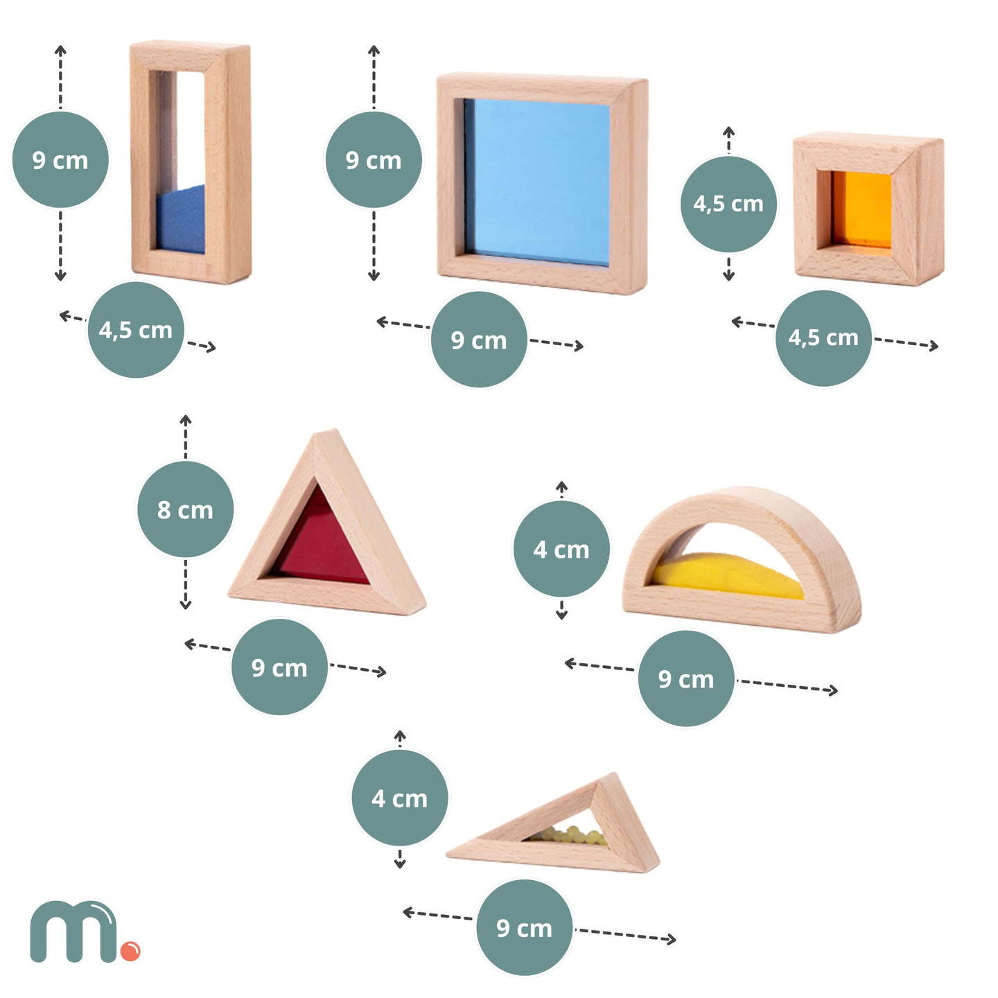 Sæt med sanseklodser af træ med forskelligt fyld - 15 stk