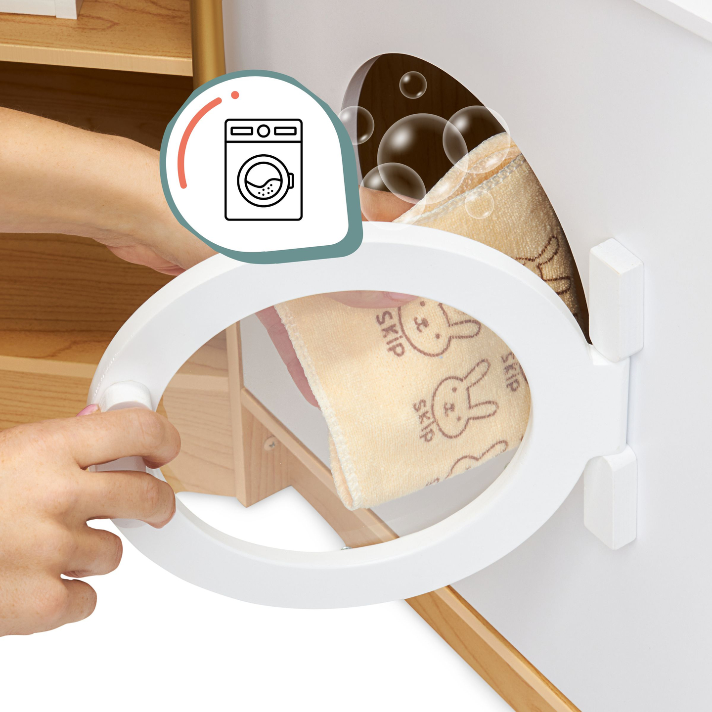 XXXXL stort interaktivt køkken i træ med LED-belysning, vaskemaskine, mikrobølgeovn, kaffemaskine og frugt- og grøntsagssæt - 50 elementer