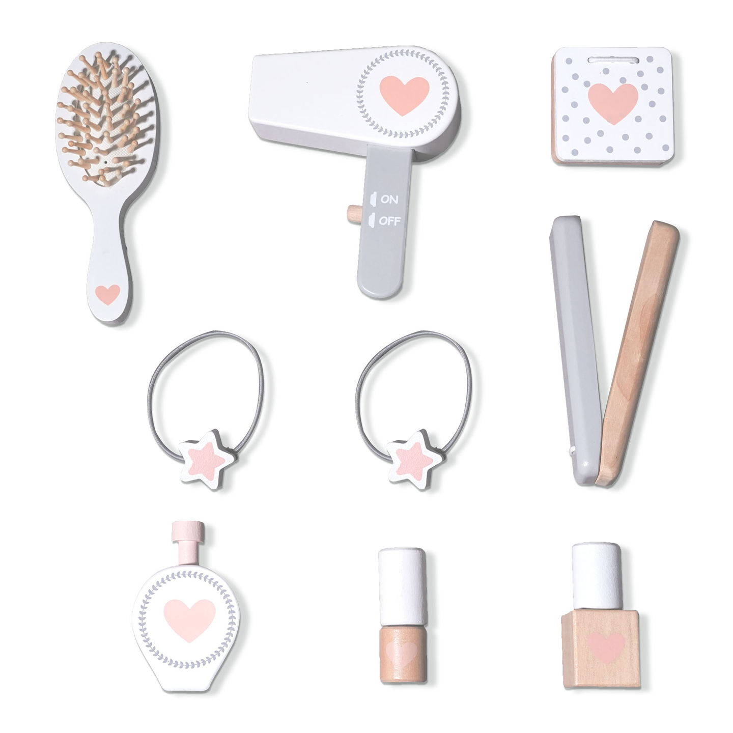 Børnepuslebord i træ med stol, tilbehør og LED-belysning