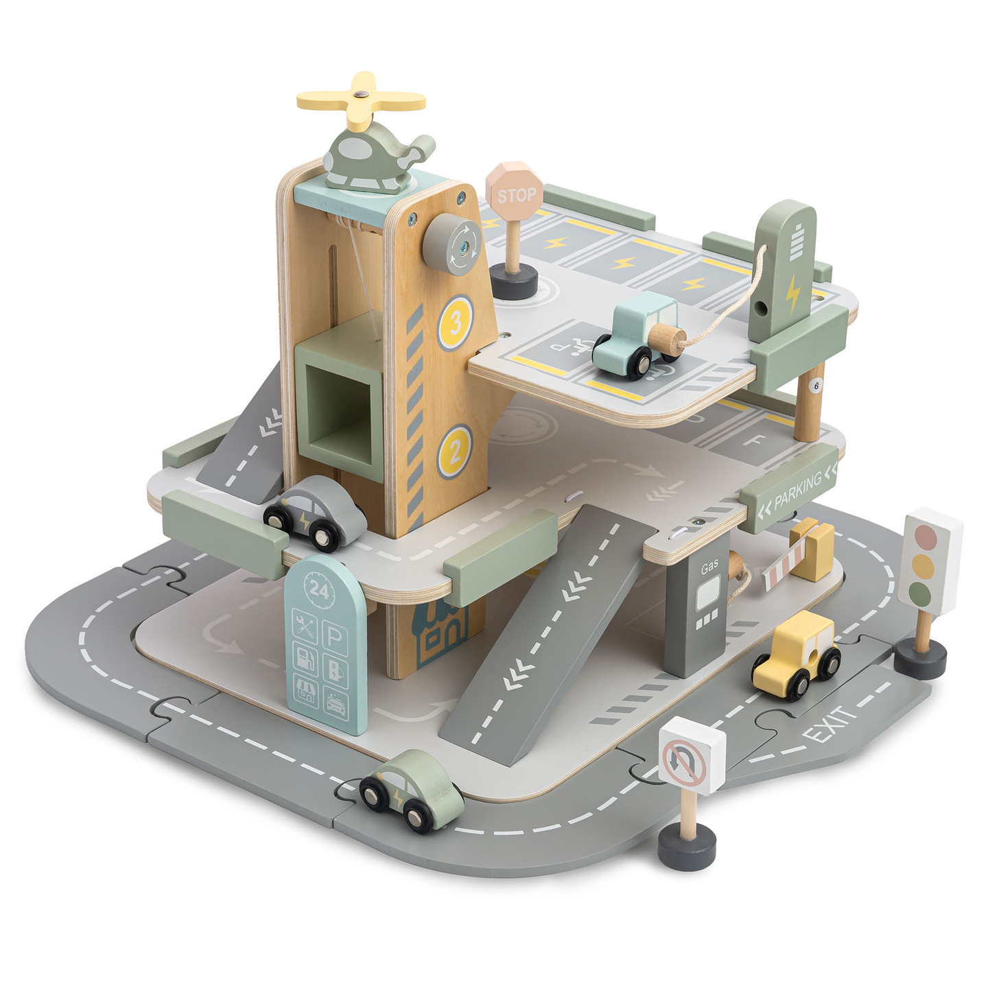 Trægarage i tre etager til børn med tilbehør – parkeringsplads, tankstation, bilvask, helikopter