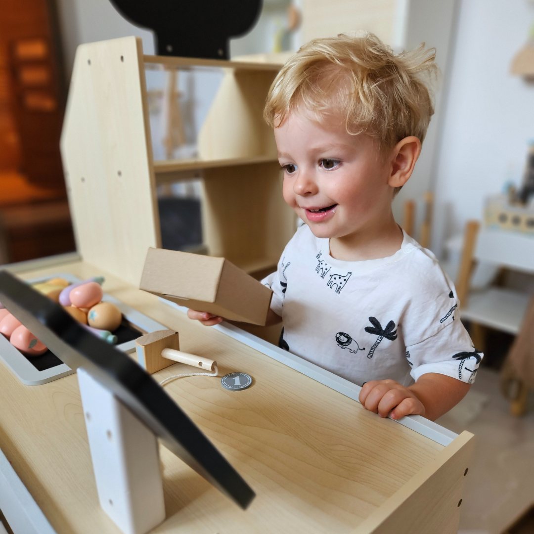 Grøntsagsmarked i træ - stor XXL-bod, butik med legekasseapparat