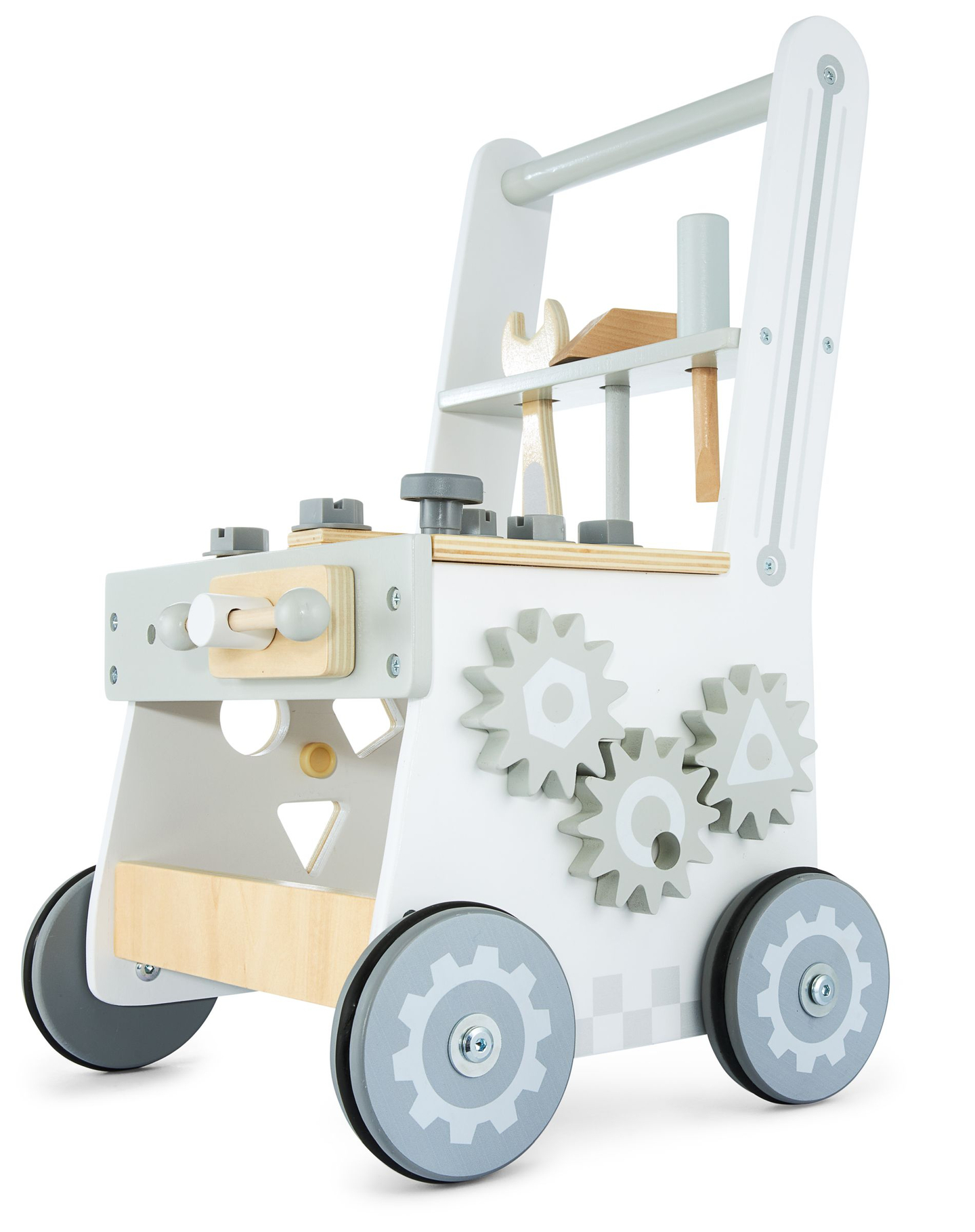 3-i-1 gåvogn, skubber + værksted i træ - 47 elementer