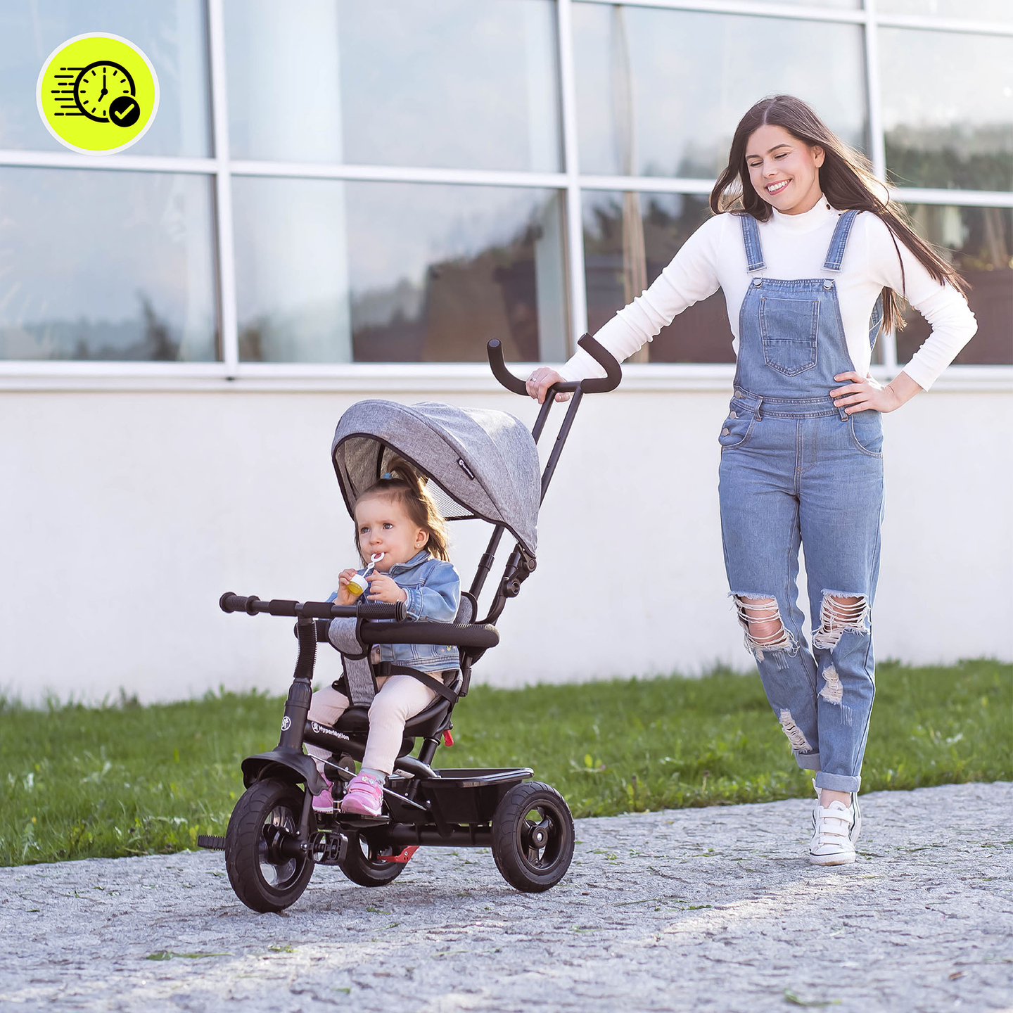 Trehjulet cykel til børn 1-4 år - TOBI FREY - grå farve - drejelig - pumpede hjul + skubber