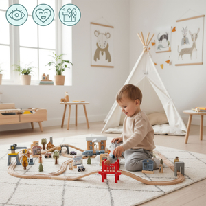 Træbane med elektrisk tog - flyttekran, skib, broer