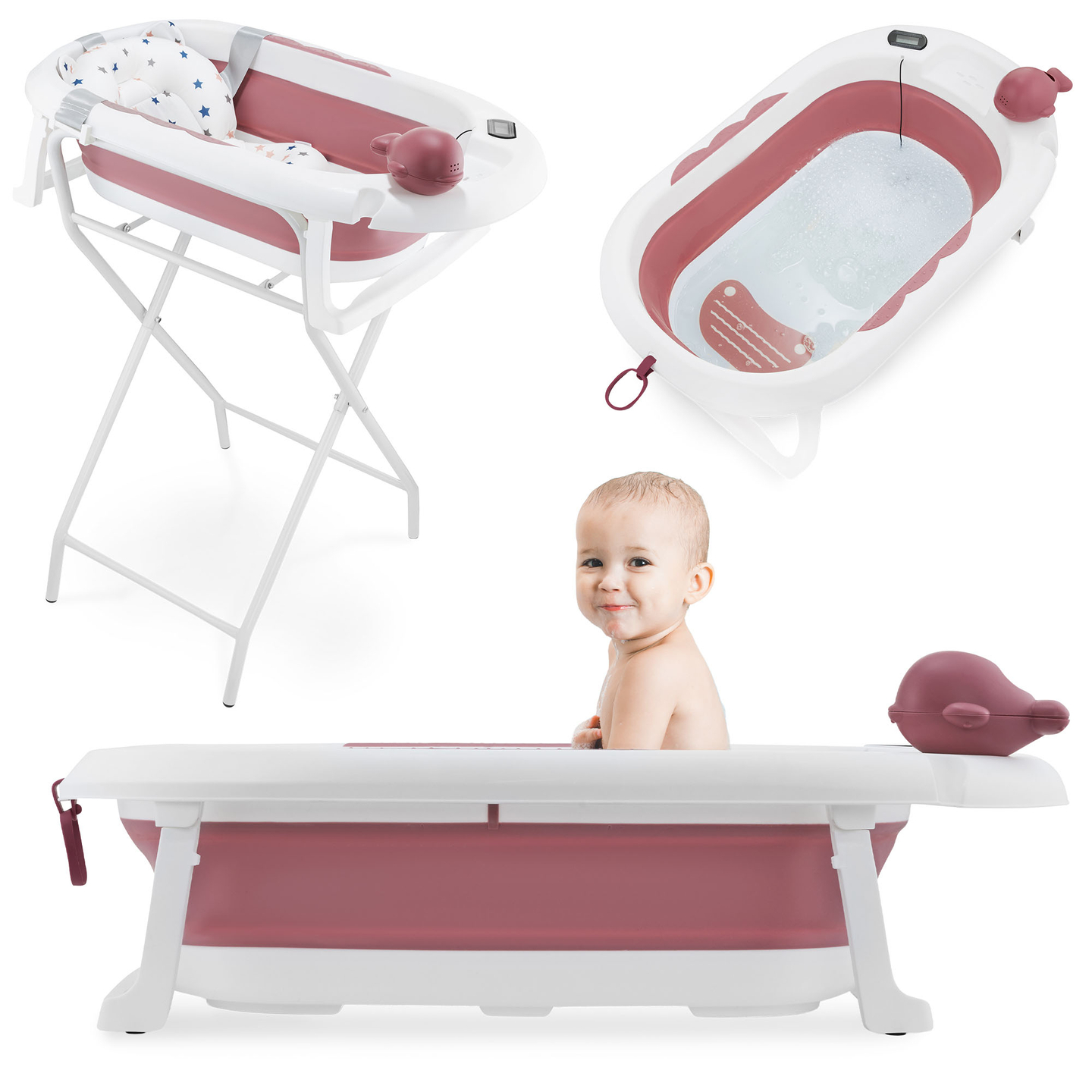 Sammenklappeligt babybadekar med termometer, indsats og stativ - farve dirty pink