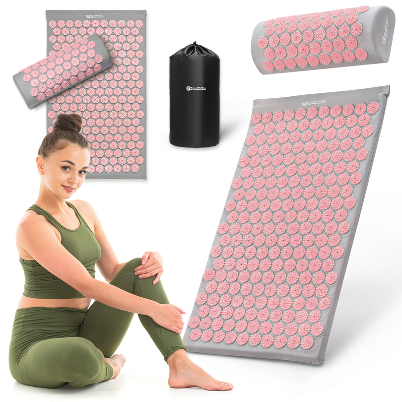 Akupressurmåtte med pude og betræk - 72 cm HyperMotion grå og pink