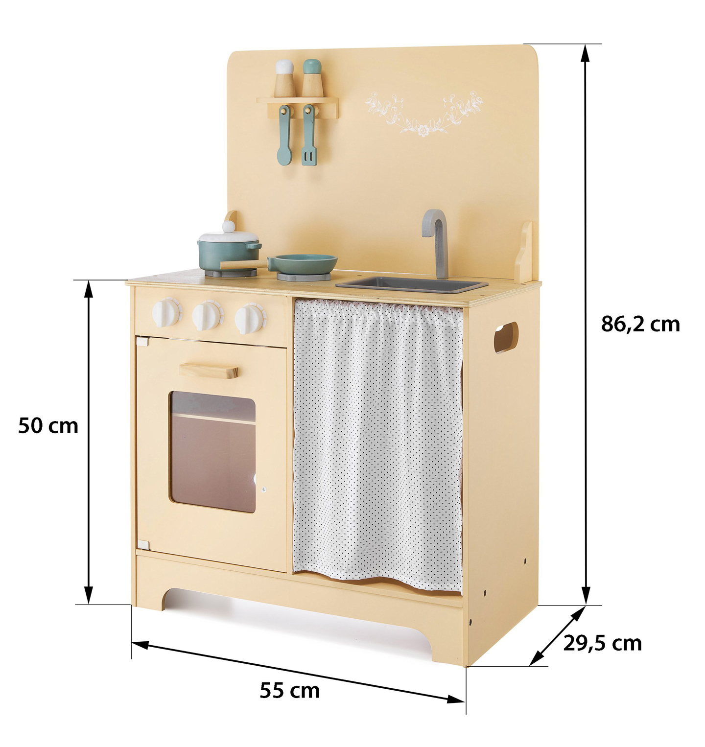 Trækøkken med forklæde, tilbehør og LED-belysning