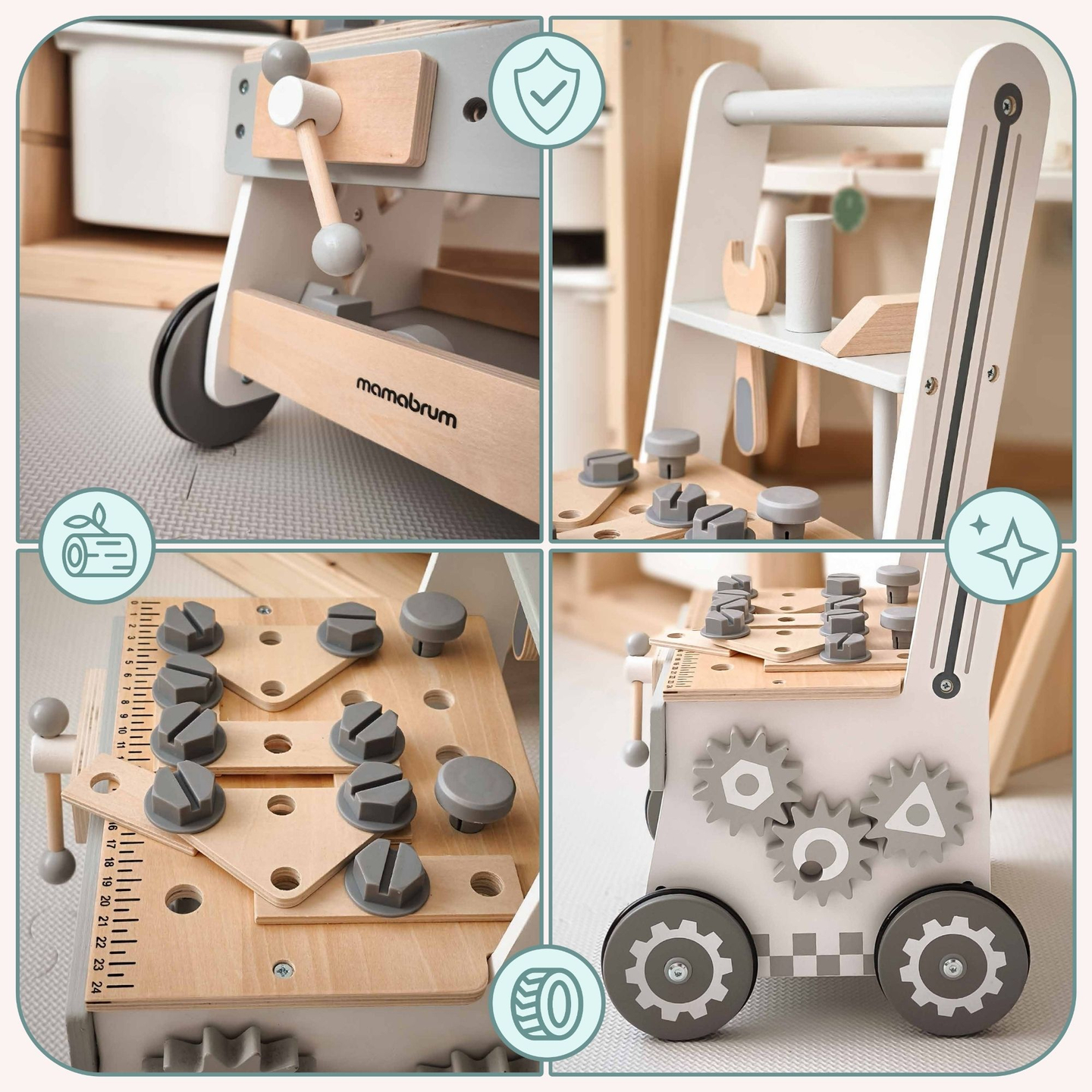 3-i-1 gåvogn, skubber + værksted i træ - 47 elementer