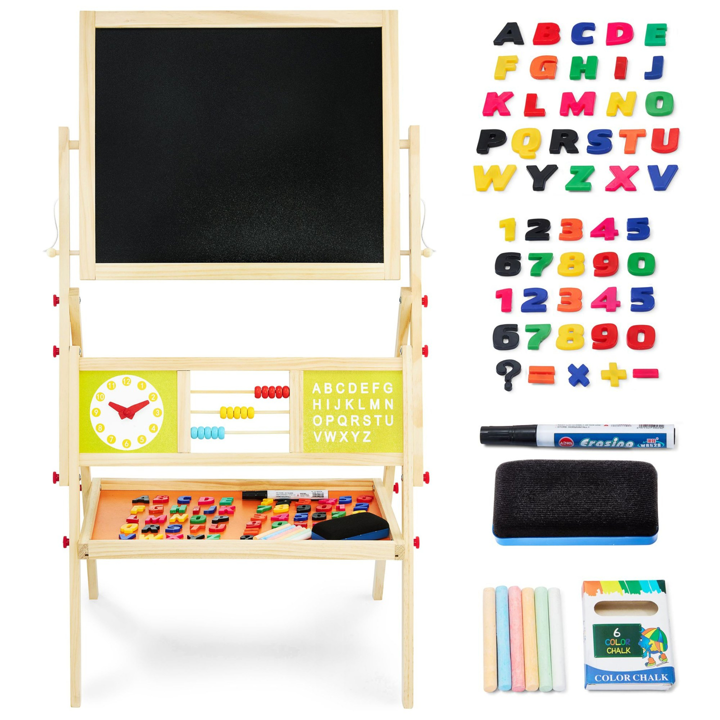 Stor pædagogisk dobbeltsidet tavle: magnetisk og kridttavle - tavle til tør udviskning, træ