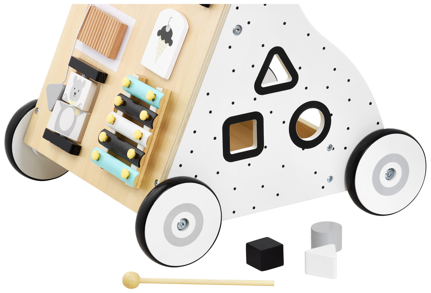 Træ, pædagogisk babywalker / klapvogn - manipulerende bræt