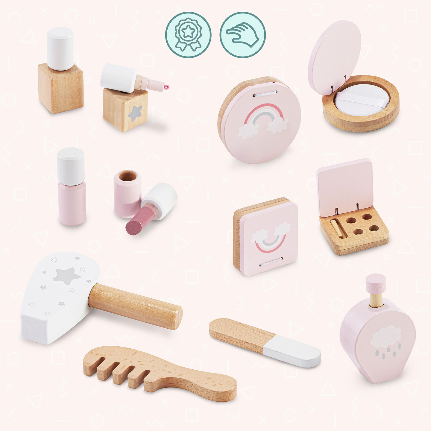 Træsminkebord til børn med LED-belysning med trinløs lysstyrkejustering, stol og tilbehør