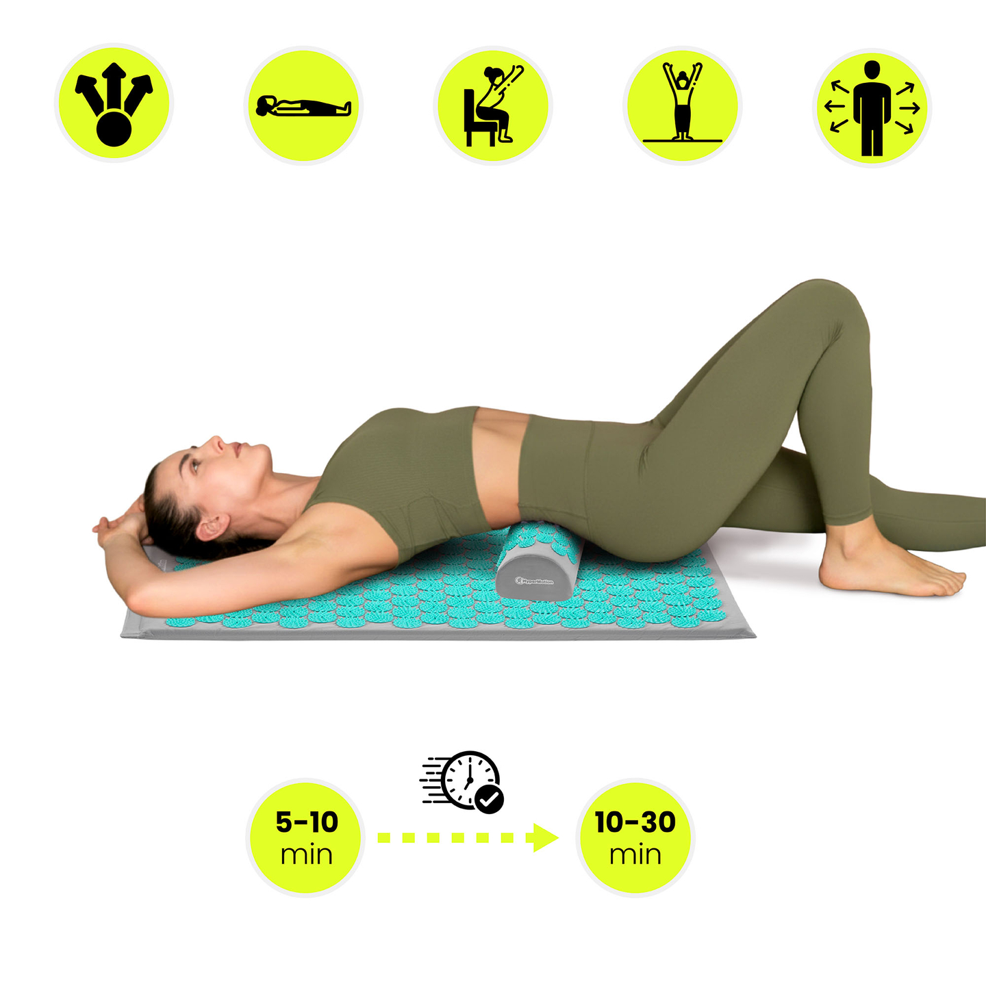 Akupressurmåtte med pude og betræk - 72 cm HyperMotion grå-mint