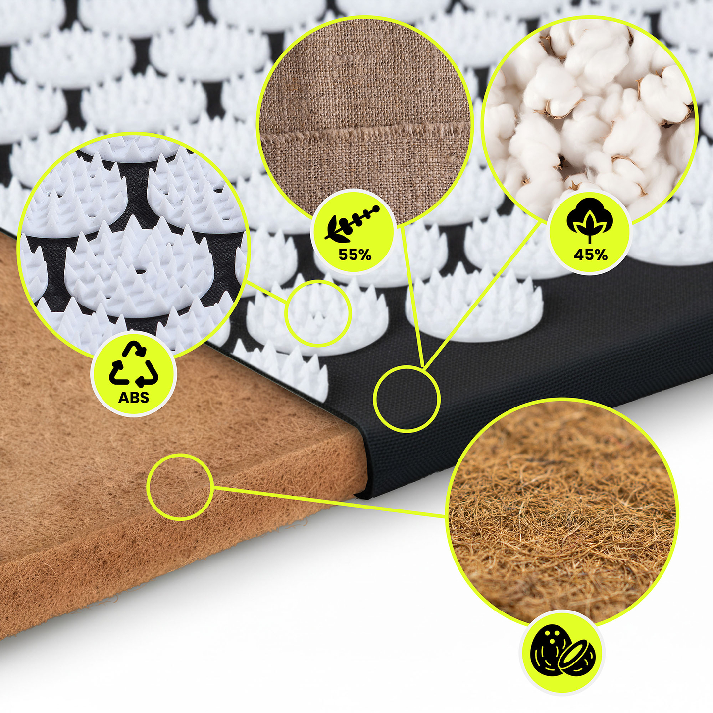 ECO akupressurmåtte i hør med kokosfibre og boghvedepude – 68 cm HyperMotion sort og hvid