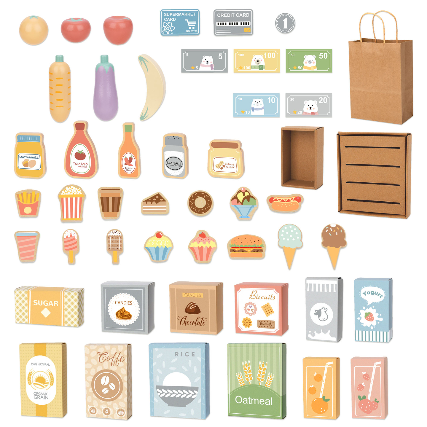 Stor børnebutik i træ med tavle - 91 dele til shoppingsjov!