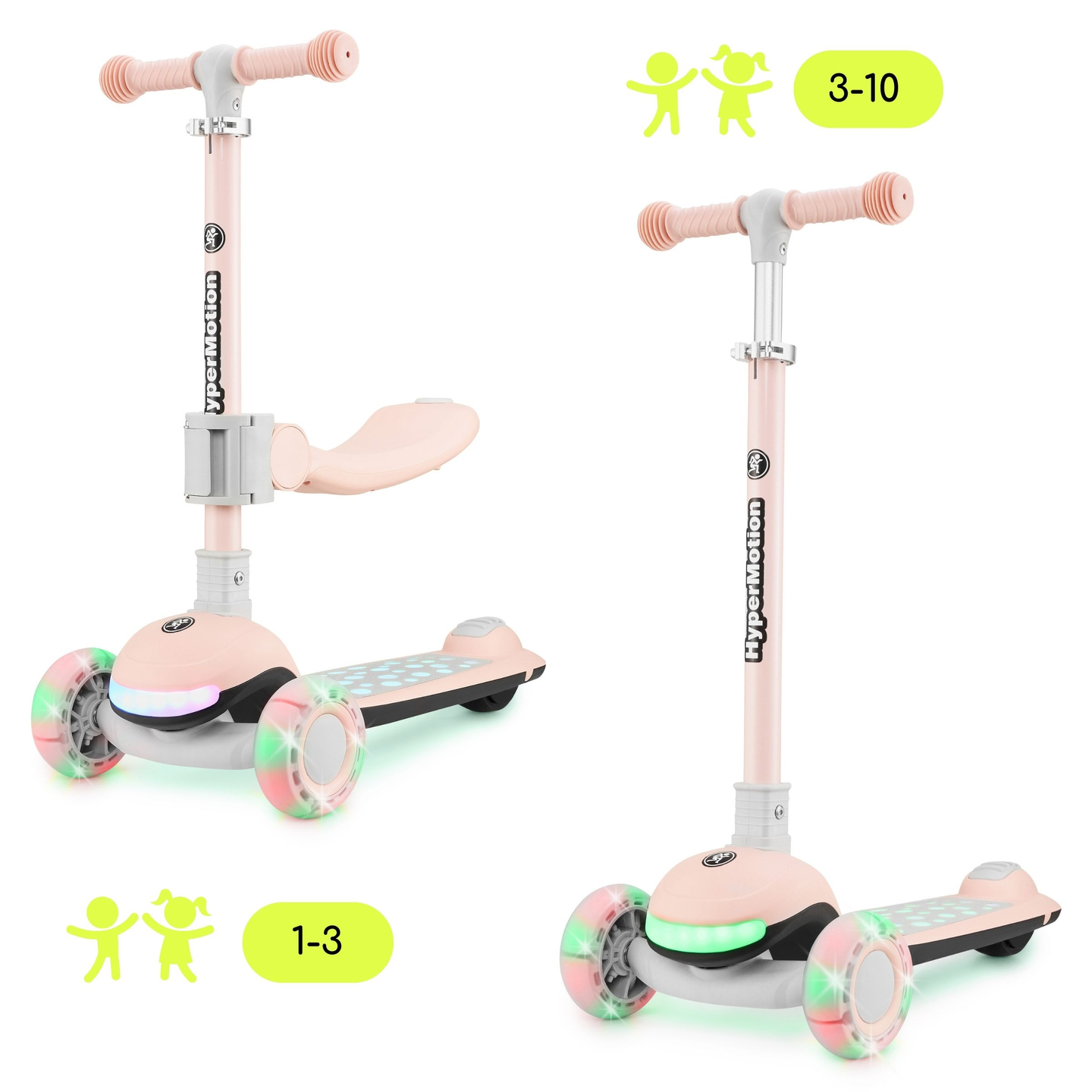 HyperMotion LUMI 3-i-1 balancescooter - oplyst platform og LED-hjul, farve pink