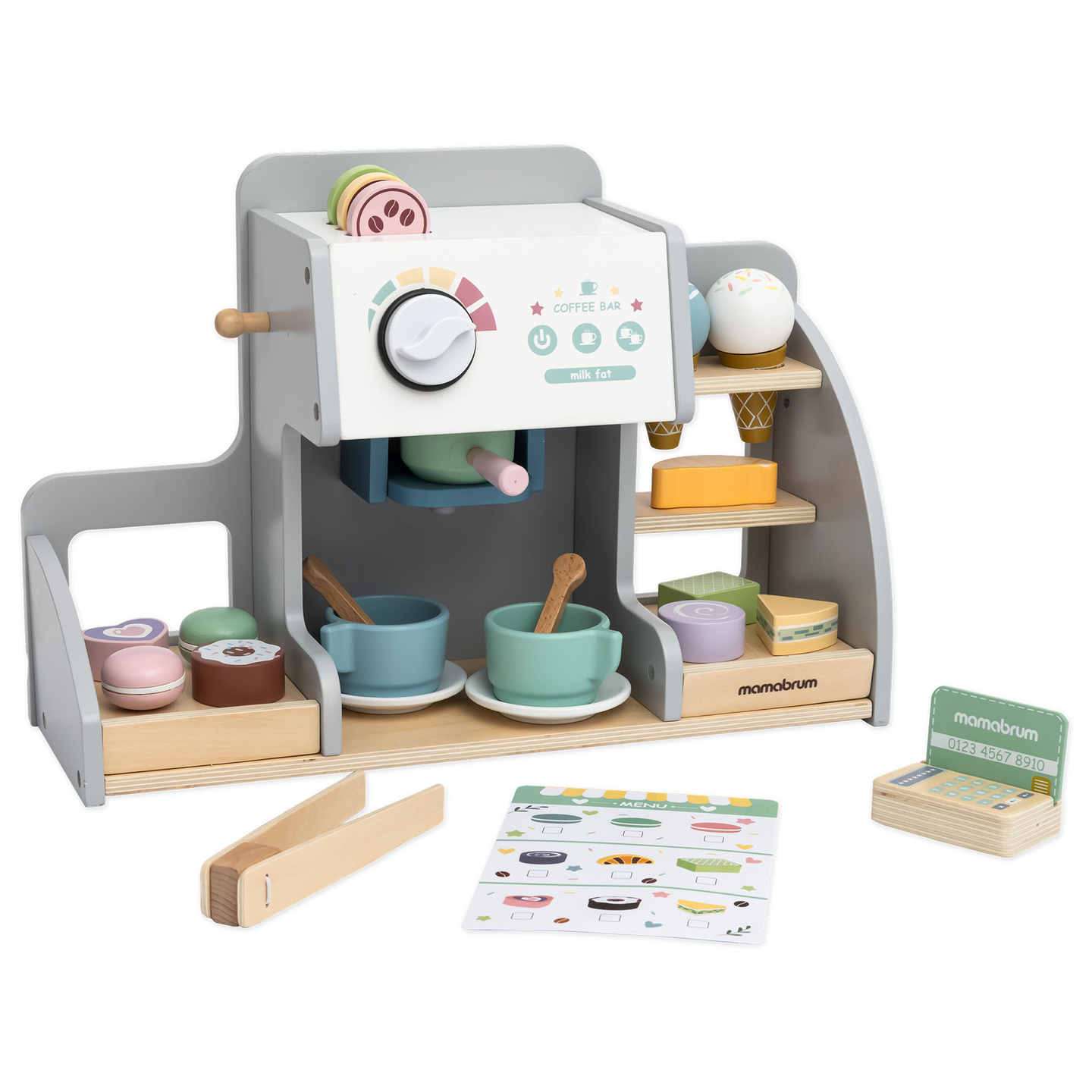 En stor isbar i træ med magnettavle, kaffemaskine og is- og dessertsæt - over 70 dele!