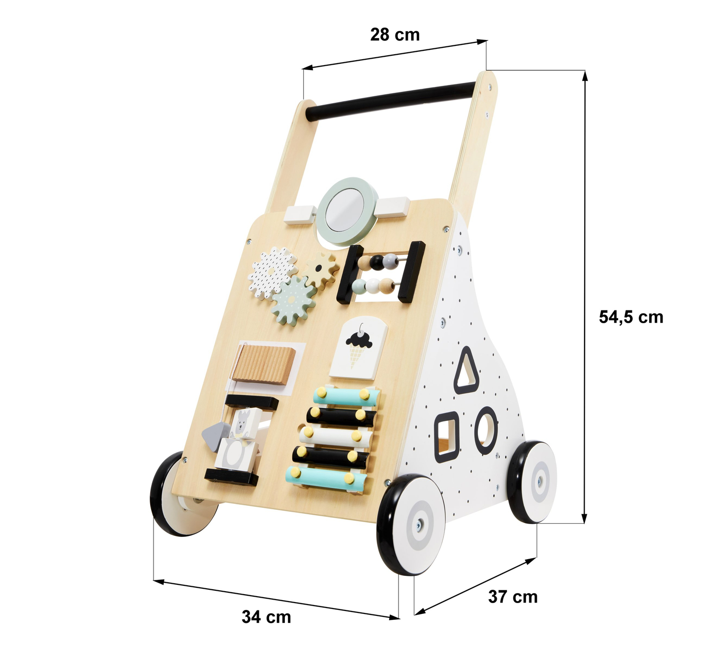 Træ, pædagogisk babywalker / klapvogn - manipulerende bræt