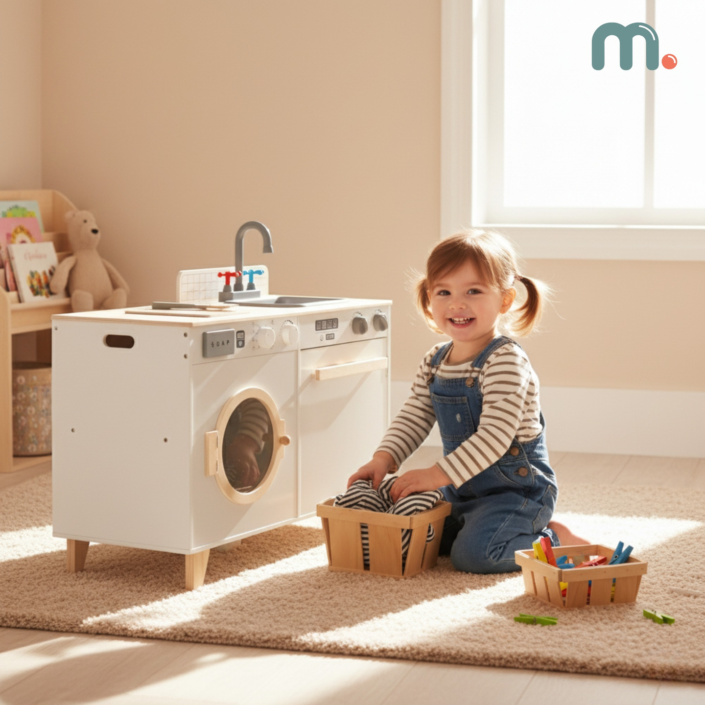 Vaskeri og køkken i træ - 2-i-1-hjemmesæt til børn
