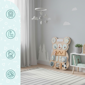 Montessori bamse-manipulationsbræt i træ - sensorisk læring af uafhængighed: velcro, prop, labyrint, klikknap