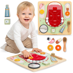 Træ Montessori pædagogisk tavle Lille tandlæge - tandbørste, tandpasta, aftagelige tænder, spejl, mad, læringssmag