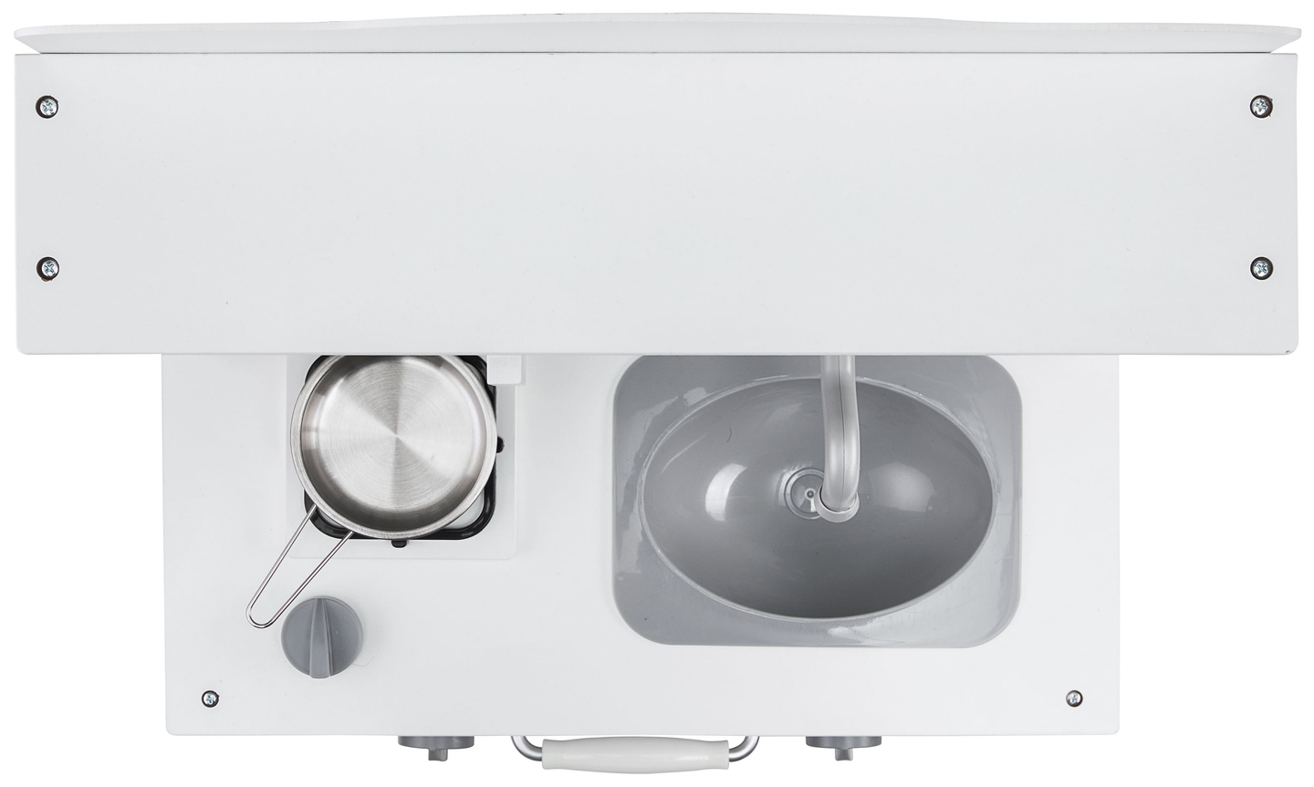 Hvidt trækøkken med forklæde, tilbehør og LED-lampe