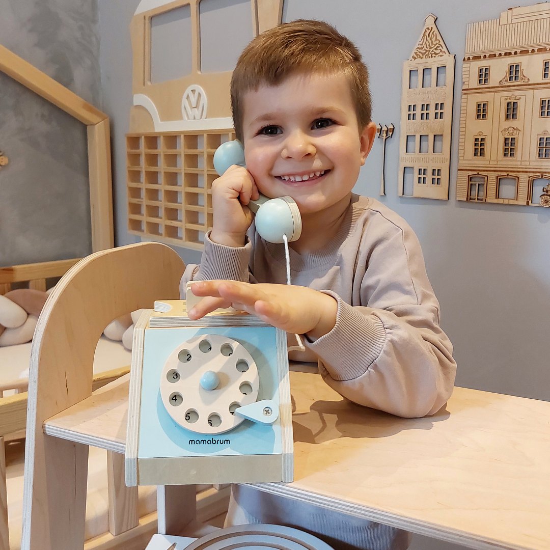 Retro telefon i træ - mint