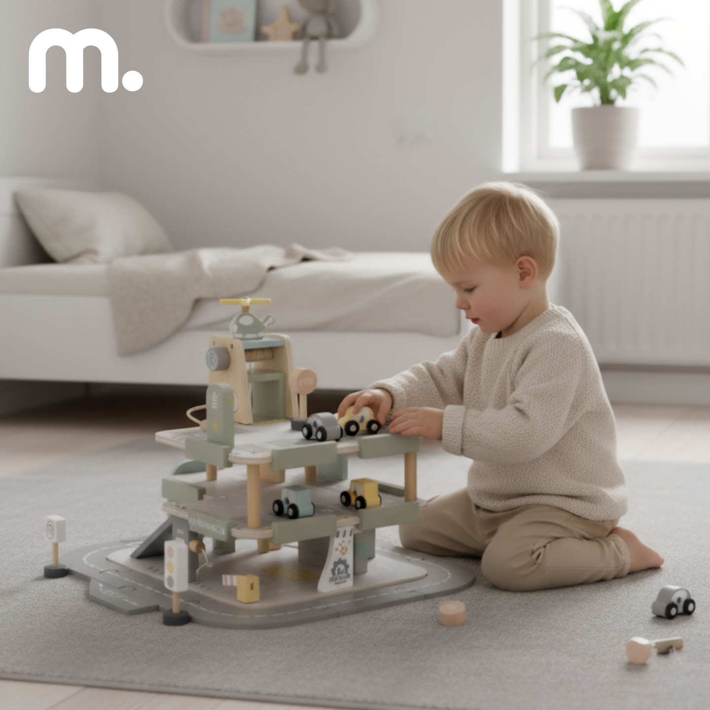 Trægarage i tre etager til børn med tilbehør – parkeringsplads, tankstation, bilvask, helikopter