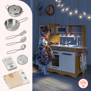 XXL-trækøkken med LED-belysning, forklæde og tilbehør