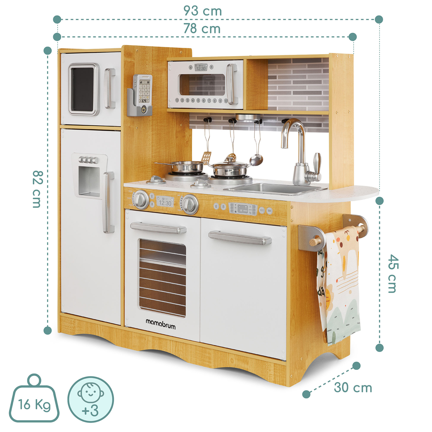 XXL-trækøkken med LED-belysning, forklæde og tilbehør