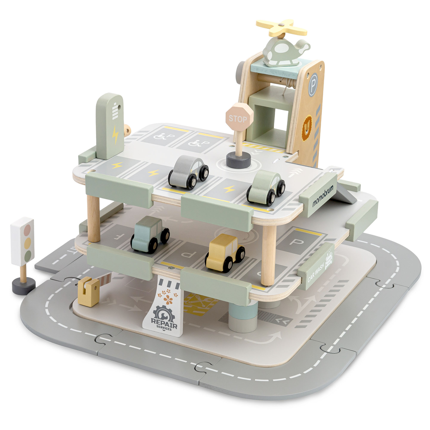 Trægarage i tre etager til børn med tilbehør – parkeringsplads, tankstation, bilvask, helikopter