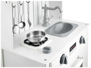 Hvidt trækøkken med forklæde, tilbehør og LED-lampe