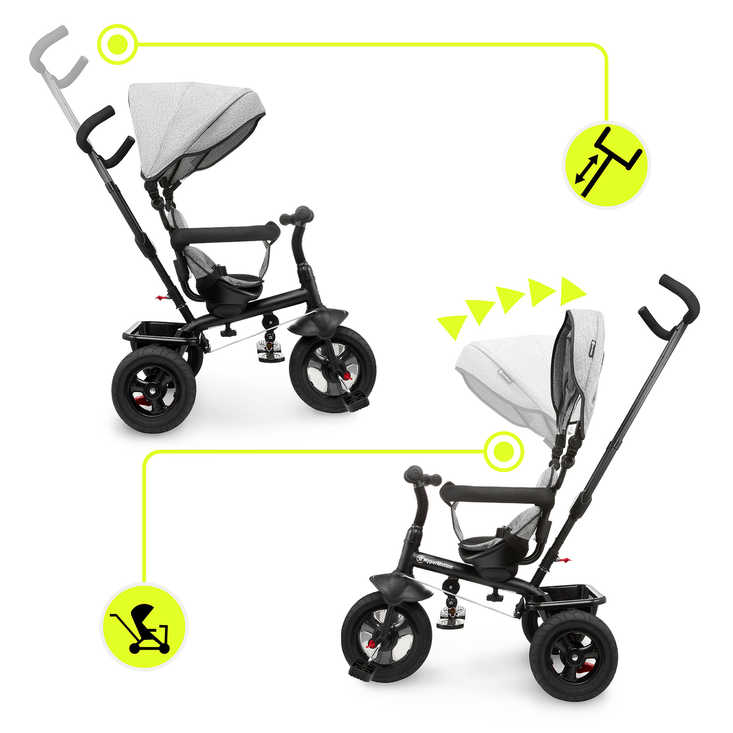 Trehjulet cykel til børn 1-4 år - TOBI FREY - grå farve - drejelig - pumpede hjul + skubber