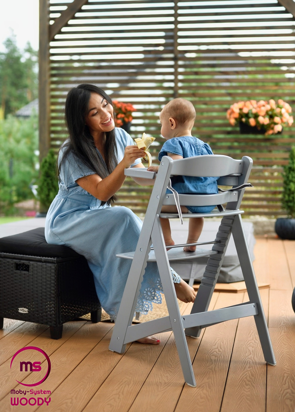 Træfodringsstol Moby-System WOODY - grå farve