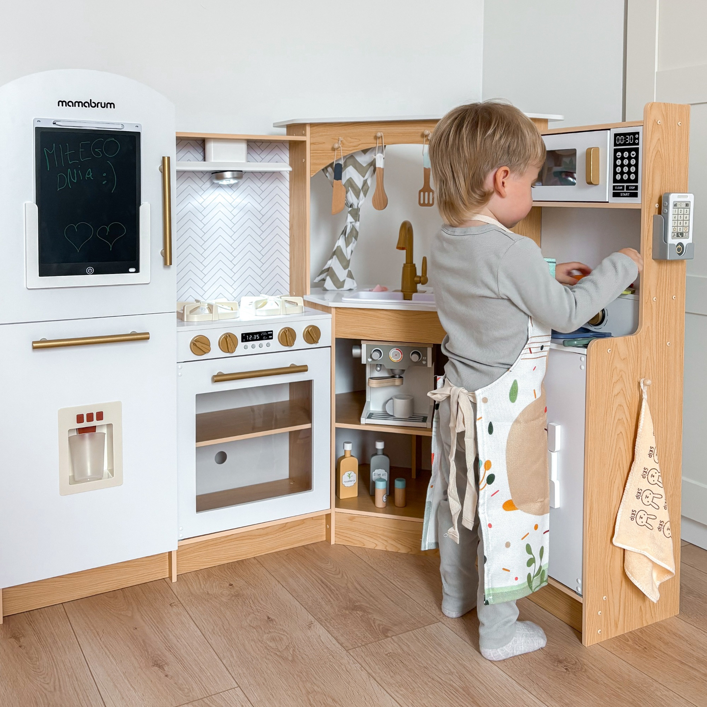 XXXXL stort interaktivt køkken i træ med LED-belysning, vaskemaskine, mikrobølgeovn, kaffemaskine og frugt- og grøntsagssæt - 50 elementer