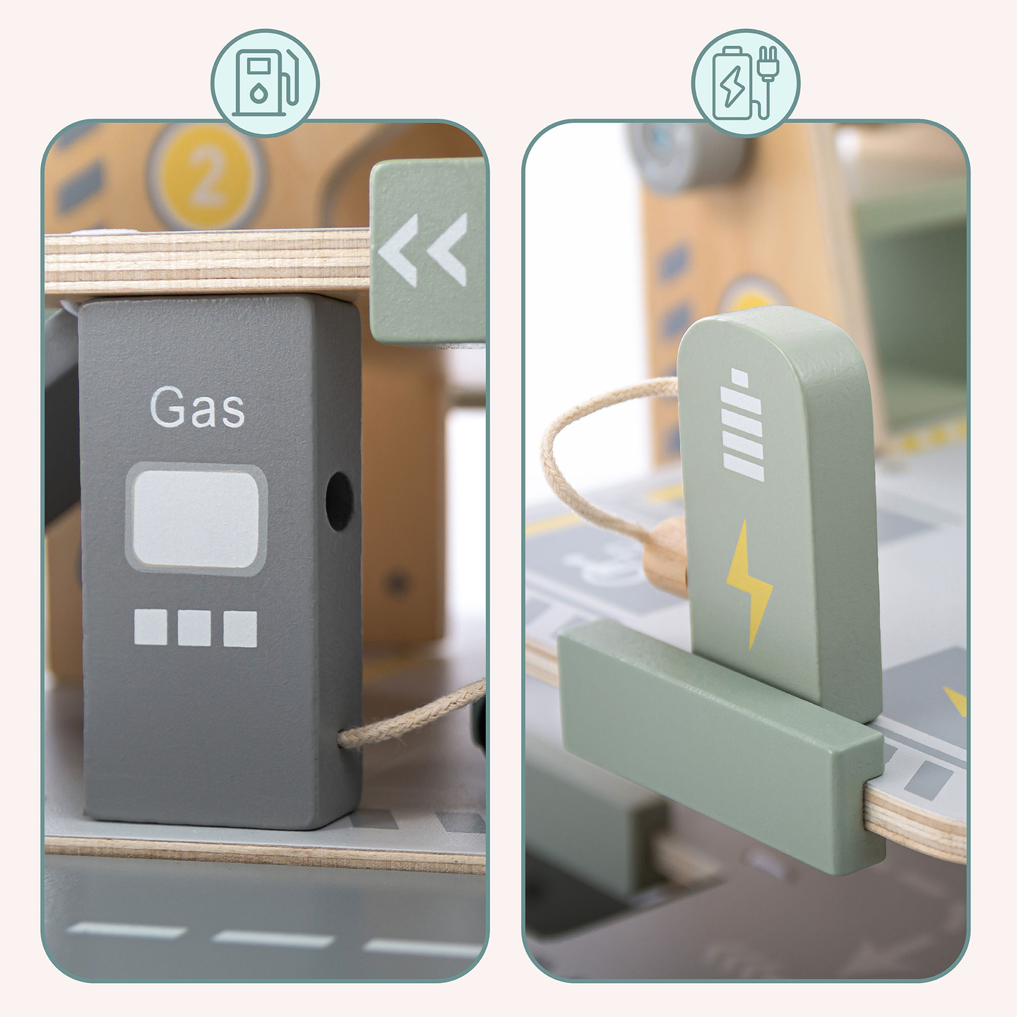 Trægarage i tre etager til børn med tilbehør – parkeringsplads, tankstation, bilvask, helikopter