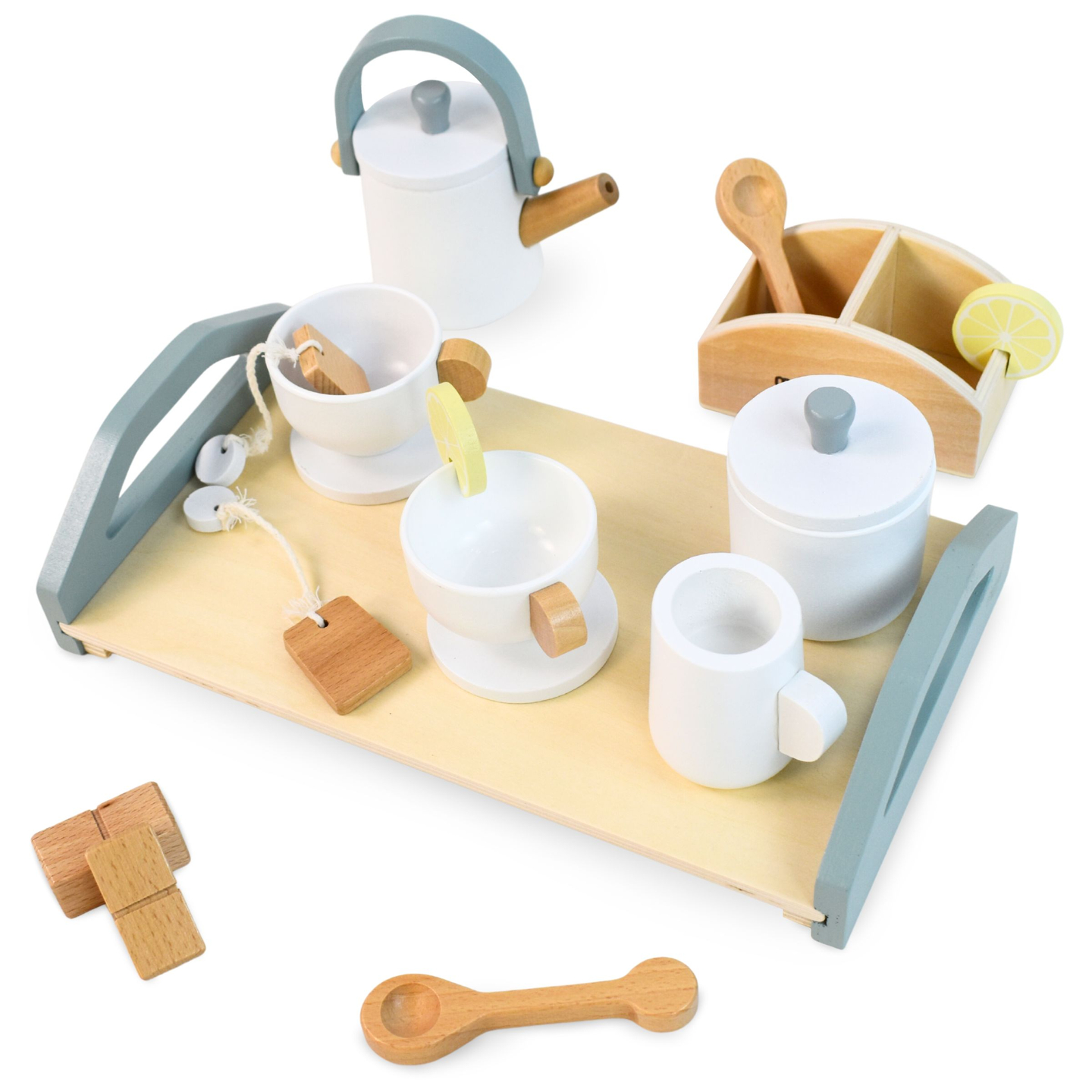 Stort tesæt i træ med bakke - 17 artikler