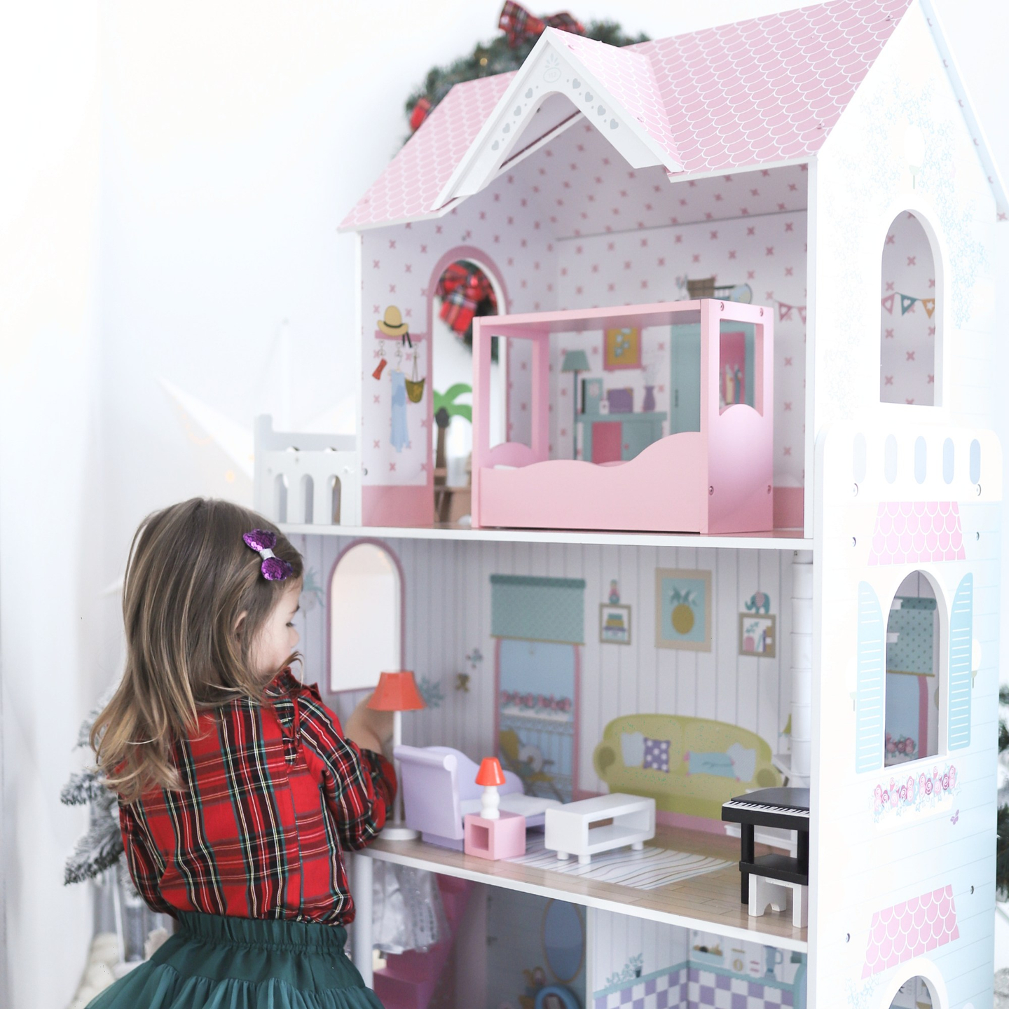 XXL Største dukkehus i træ - 123 cm - LED-belyst - terrasse, tilbehør, have