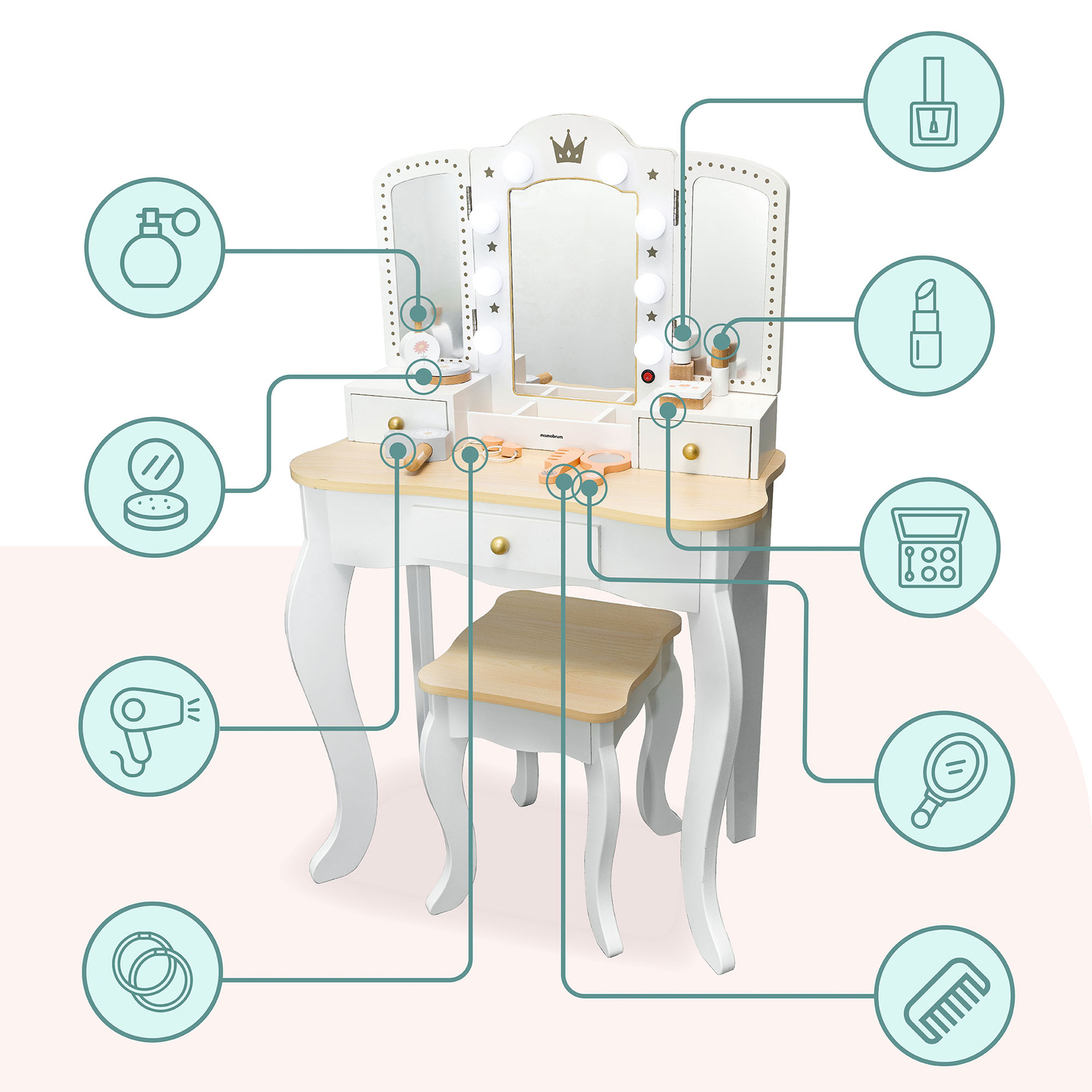 XXL toiletbord i træ med skammel og LED-belysning til børn + tilbehør