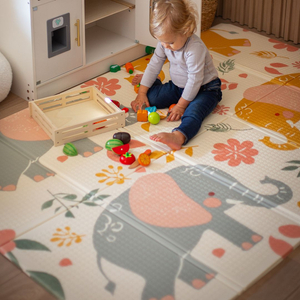 Dobbeltsidet foldbar skummåtte 180 x 120 x 1 cm - Exotic Elephants/Delicate Grey