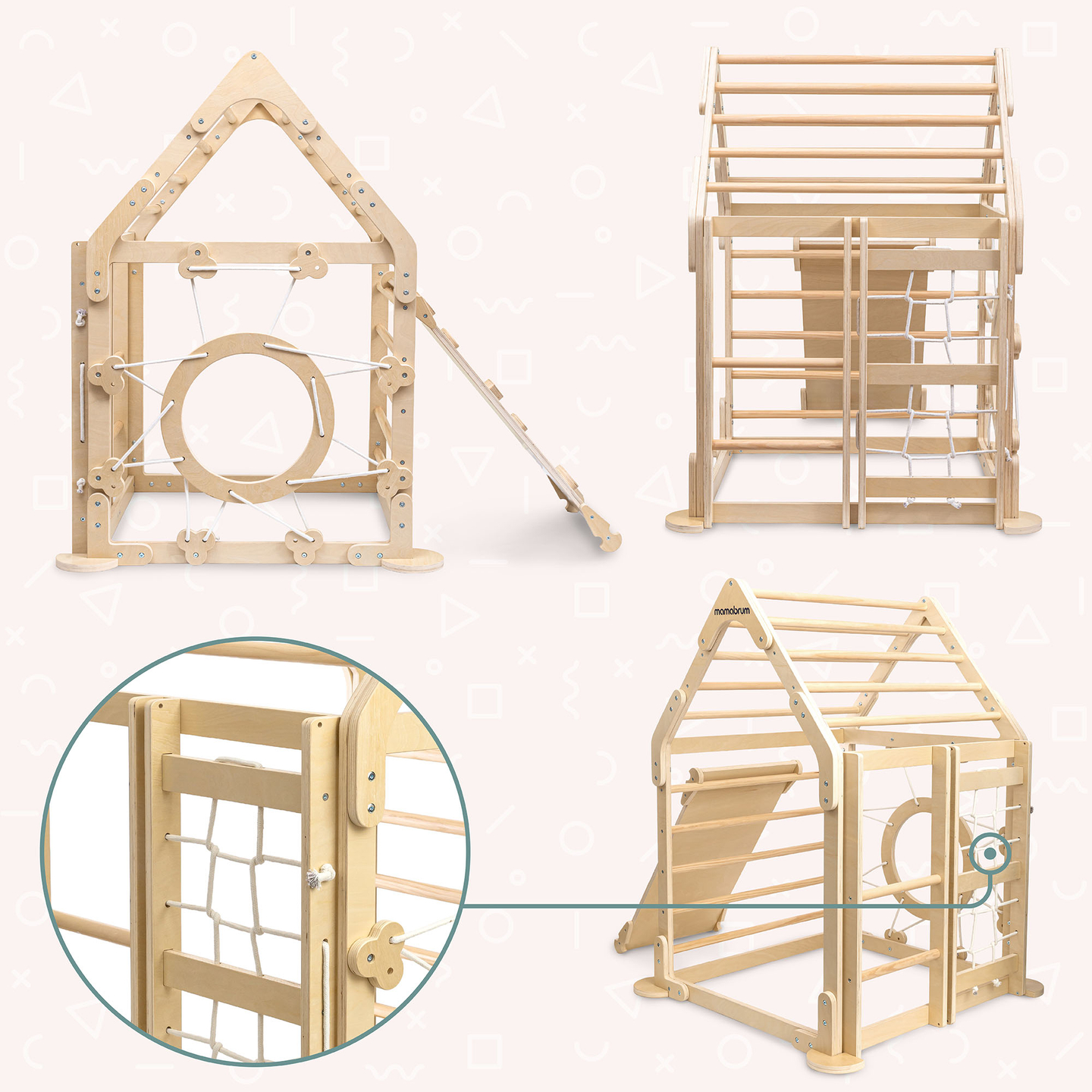 Indendørs trælegeplads til børn - et hus med stiger og rutsjebane