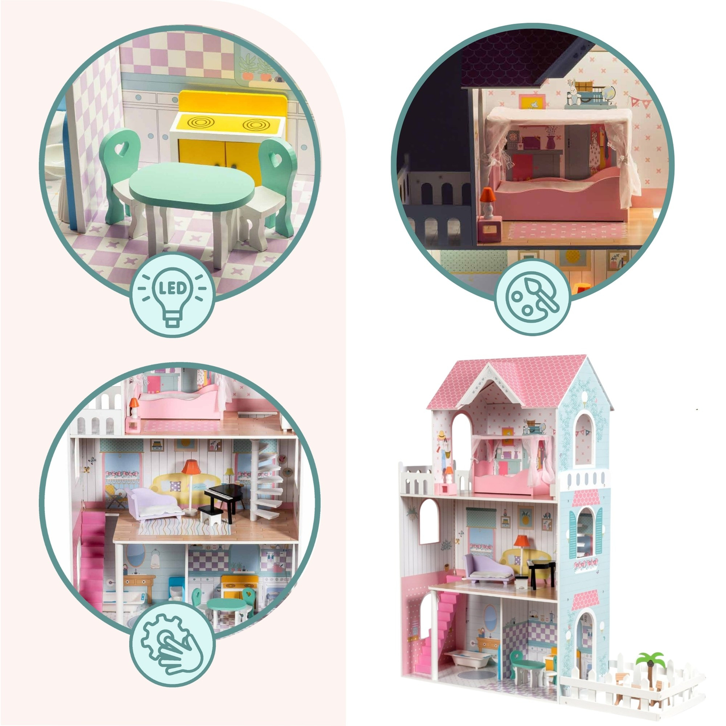 XXL Største dukkehus i træ - 123 cm - LED-belyst - terrasse, tilbehør, have