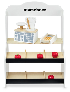 Minimarked - butik med vægte, terminal, betalingskort og frugt