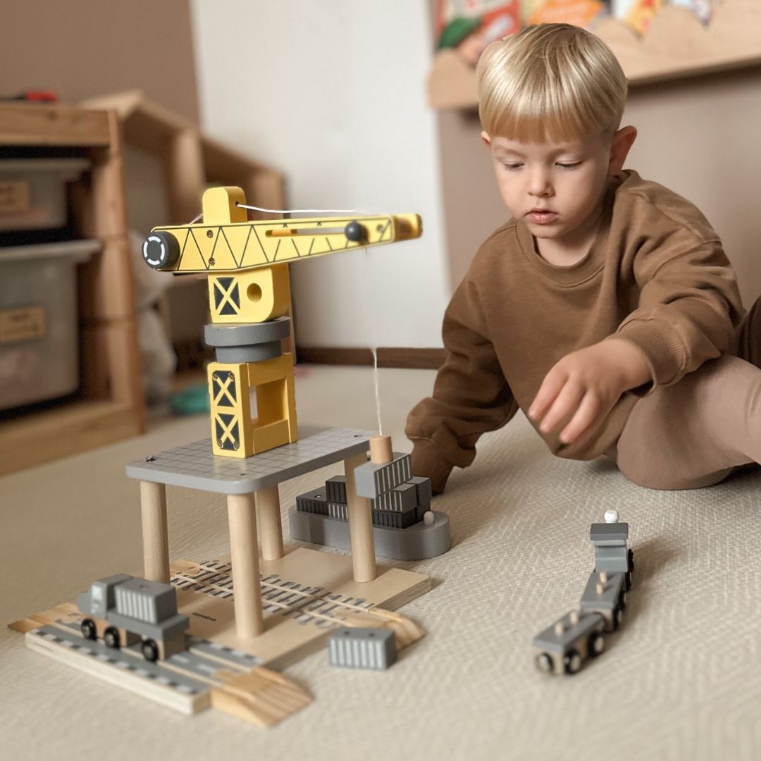 Mobil havnekran med magnetspil og tilbehør - sæt i træ