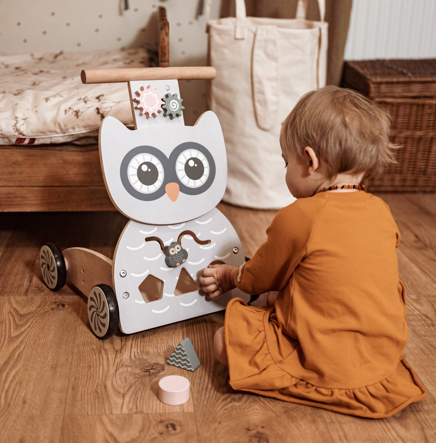 Multifunktionel rollator - pusher - klapvogn med klodser i træ - Ugle