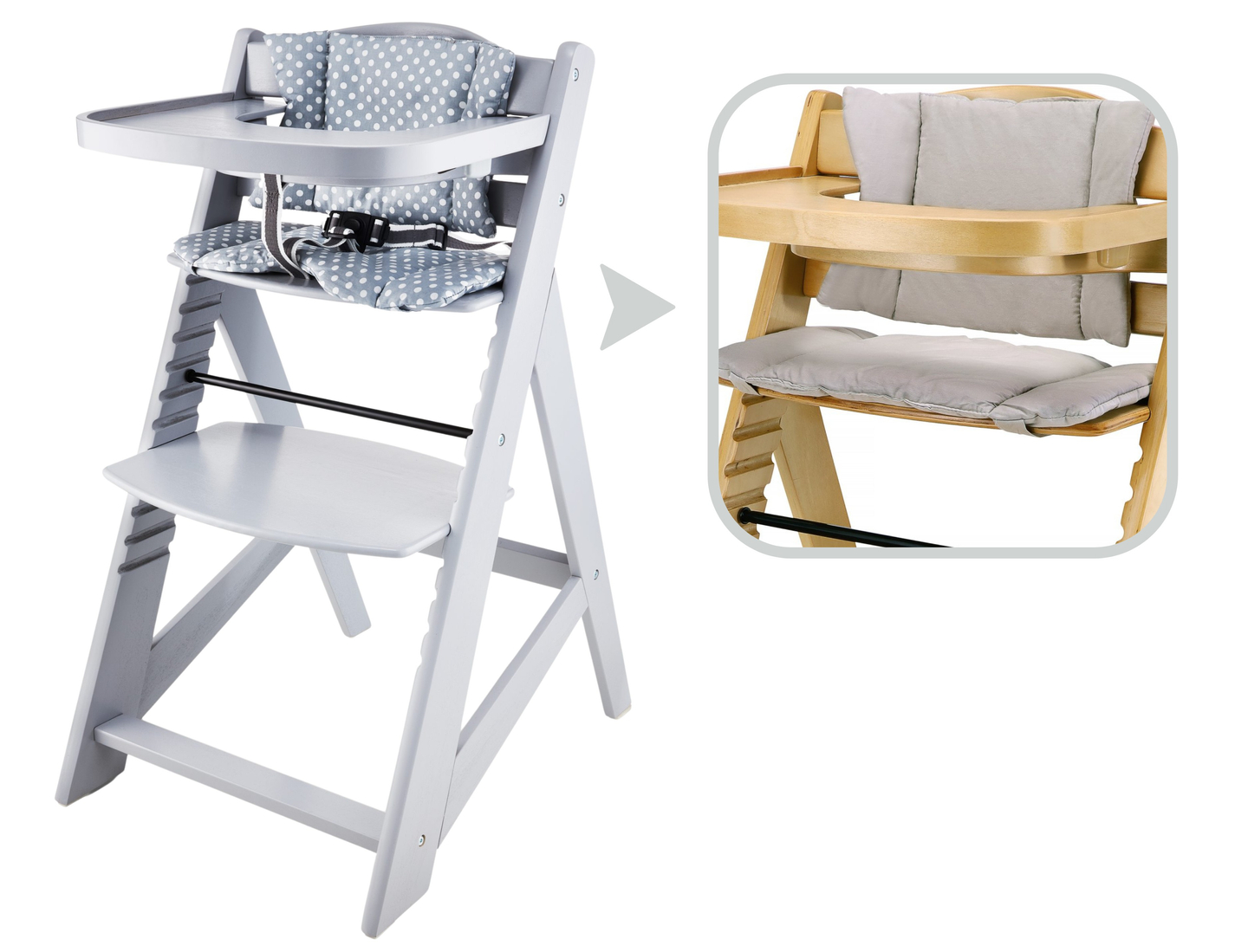 Træfodringsstol Moby-System WOODY - grå farve