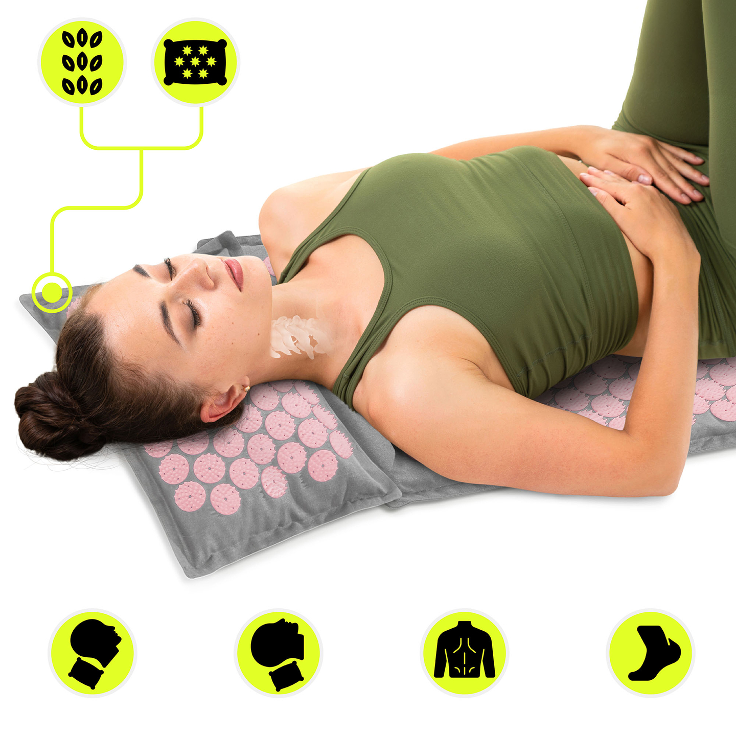 ECO akupressurmåtte i hør med kokosfibre og boghvedepude – 68 cm HyperMotion grå og pink