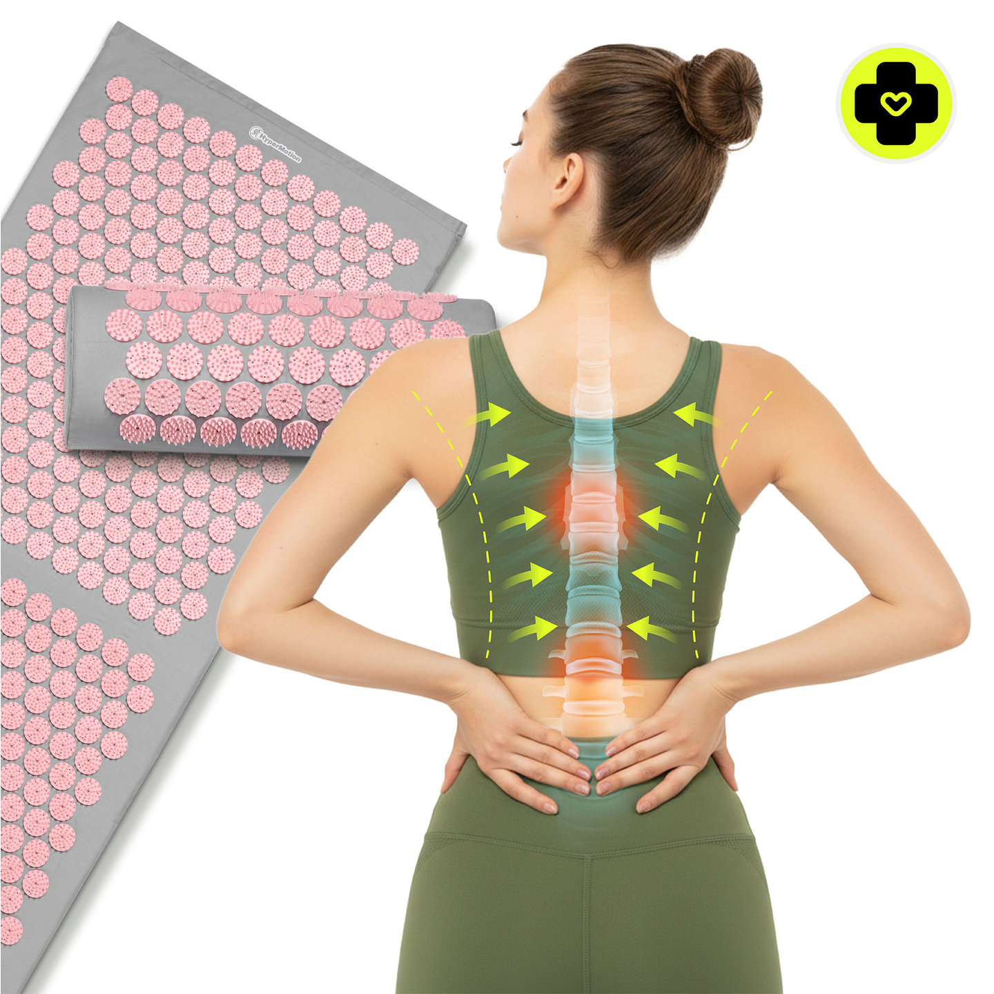 Stor akupressurmåtte med pude og betræk - 130 cm HyperMotion grå og pink